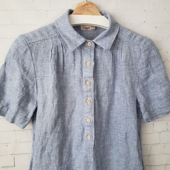 Faherty Hana Shirt Dress Size XS Blue Basket Weave 100% Linen Short Sleeve - Picture 3 of 13